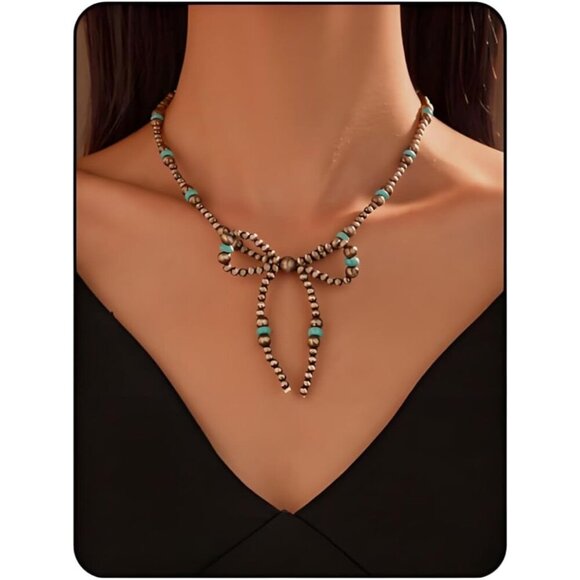 🆕 Women Blue Western Bow Pearl Necklace Trendy Dainty Cowgirl Birthday Jewelry - Picture 1 of 7